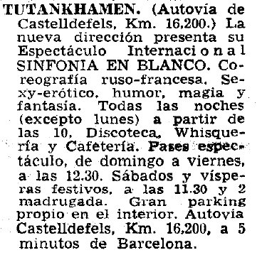 Anunci de l'Espectacle internacional 'Sinfonia en Blanc' de la Discoteca Tutankhamen de Gav Mar publicat al diari LA VANGUARDIA (7 de Setembre de 1977)